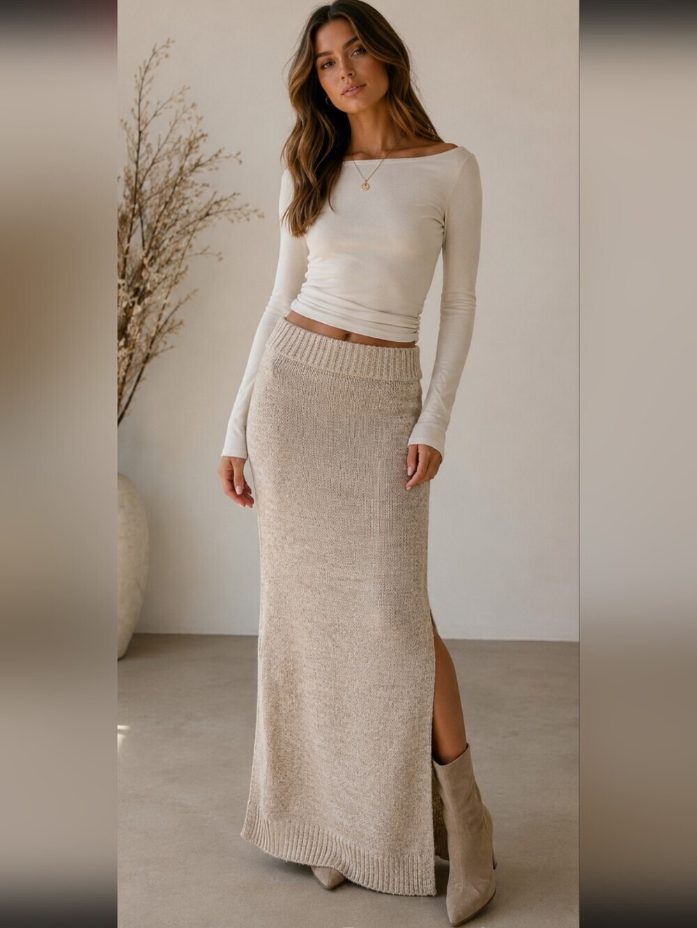 Wishlist Beige Knit Pull-On Maxi Skirt Side Slit M/L NWT